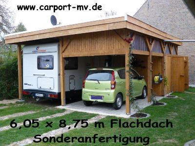 Carport 6,00 x 8,70 m Flachdach Lärche KVH mit Abstellraum Wandanbau